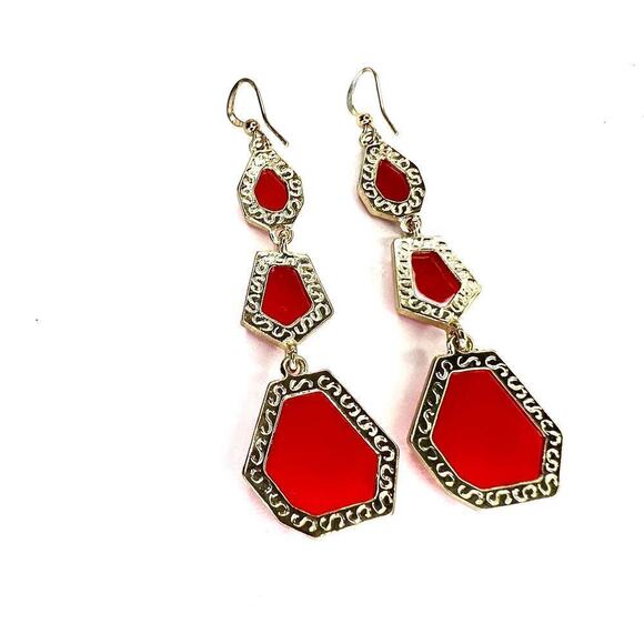 Red Orange Faceted Acrylic Gemstone Dangle Drop Earrings Gold Metal Geometric - Picture 4 of 4